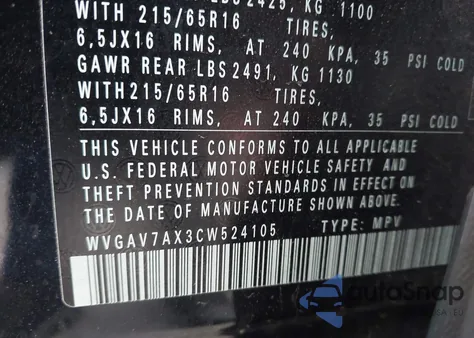 2012 Volkswagen Tiguan S/Se/Sel из США, поврежденный, VIN WVGAV7AX3CW524105